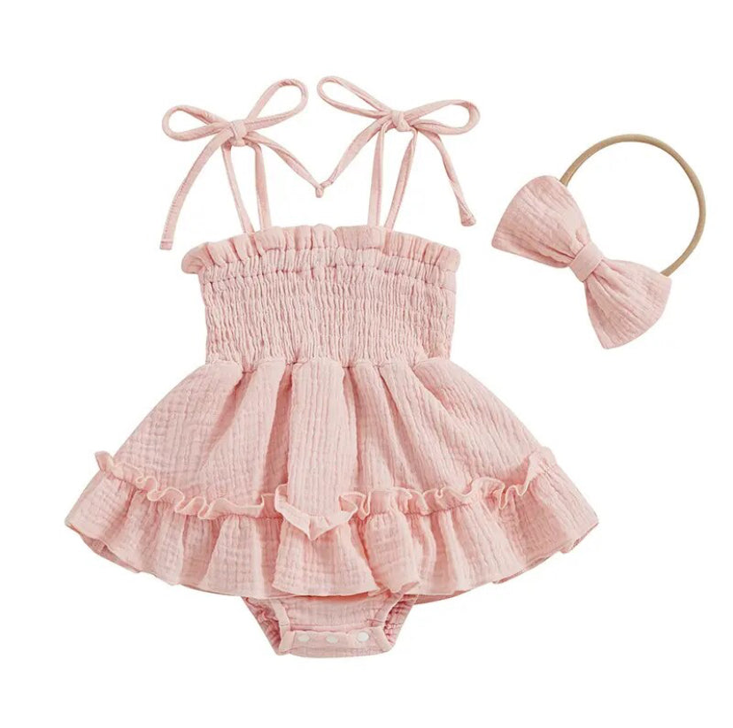 Linen Ruffle Romper Pink