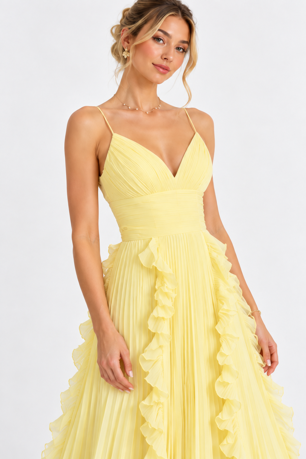 Liora Butter Yellow Pleated Ruffle Maxi Dress