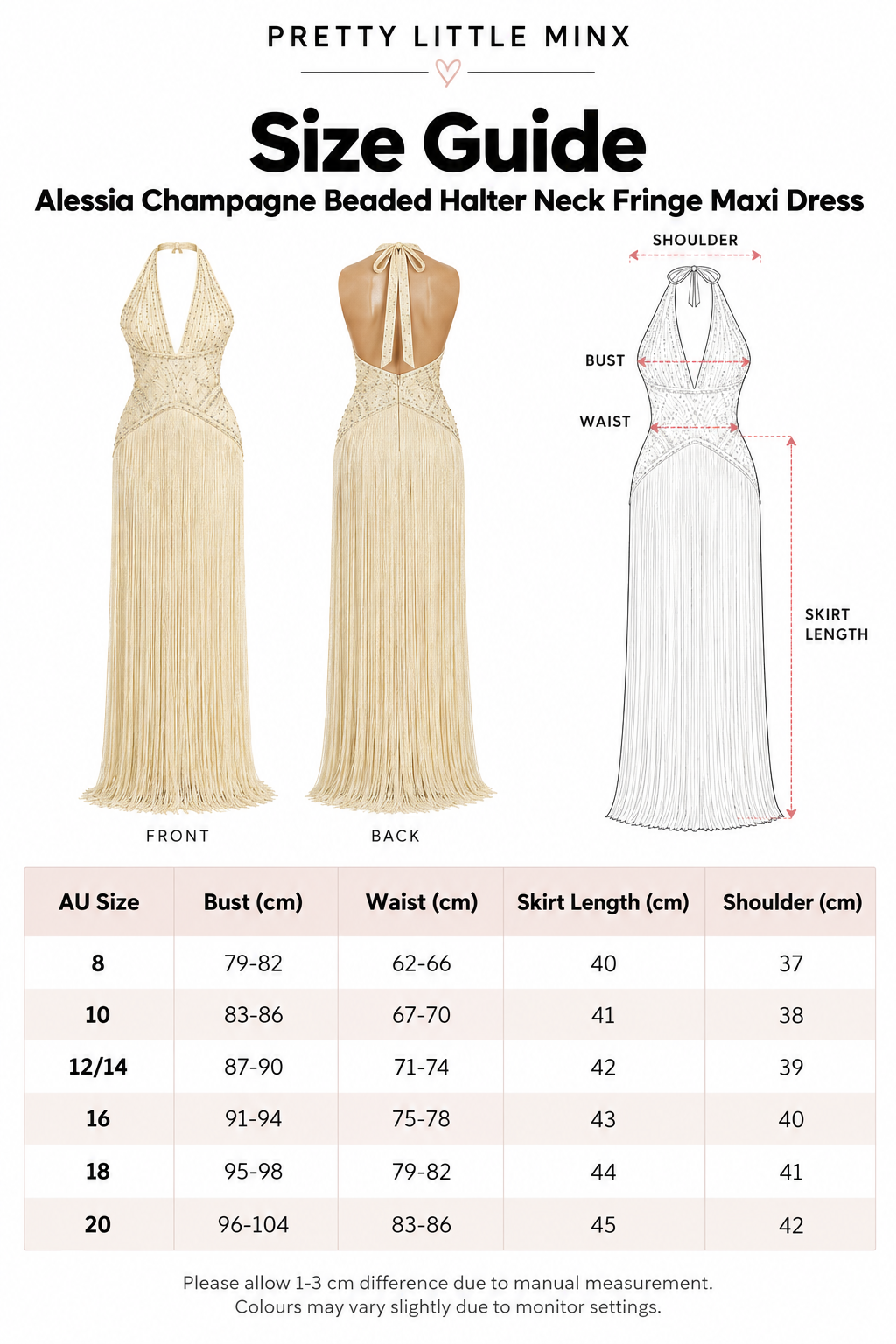 Alessia Champagne Beaded Halter Neck Fringe Maxi Dress