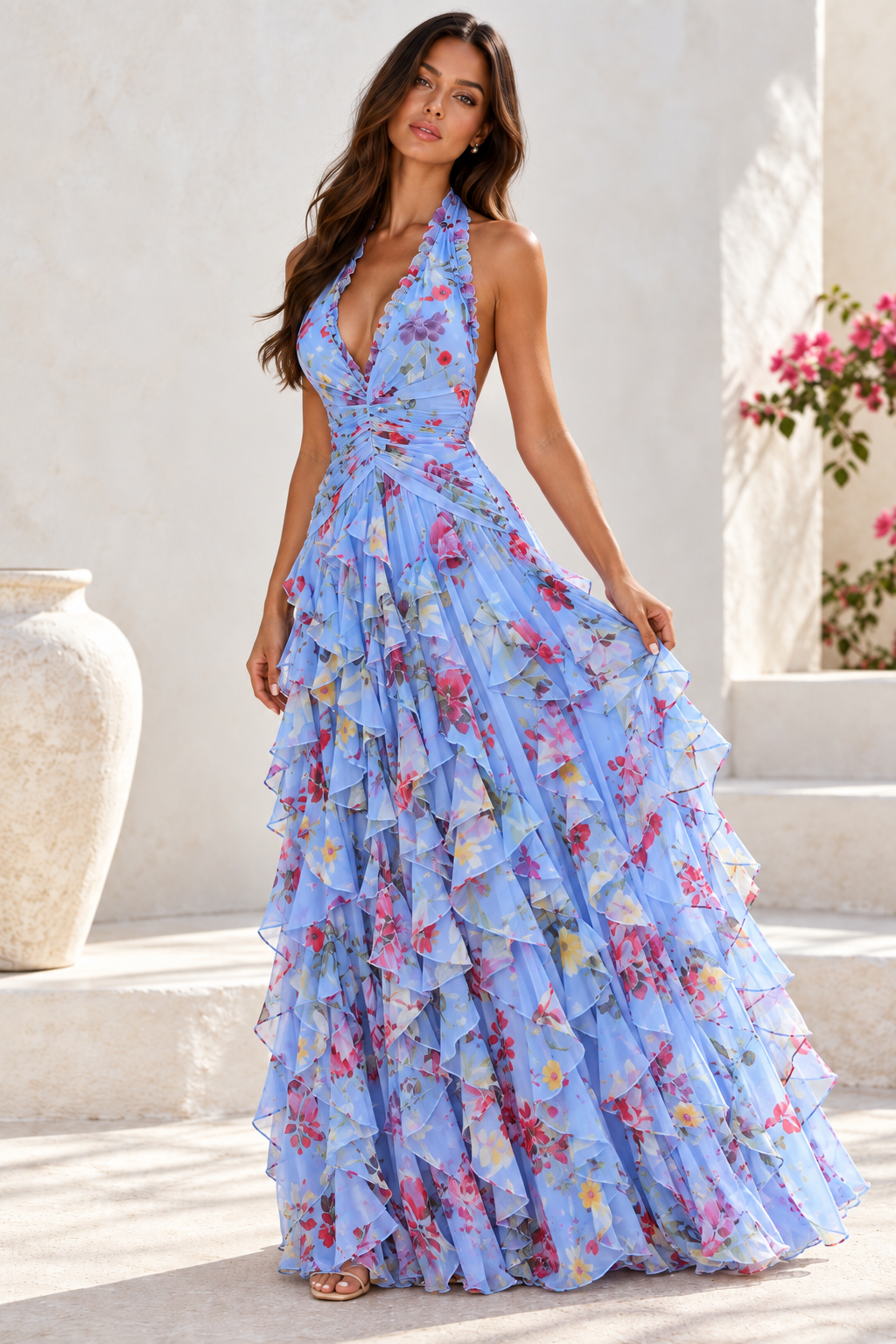 Marielle Floral Halter Ruffle Maxi Dress