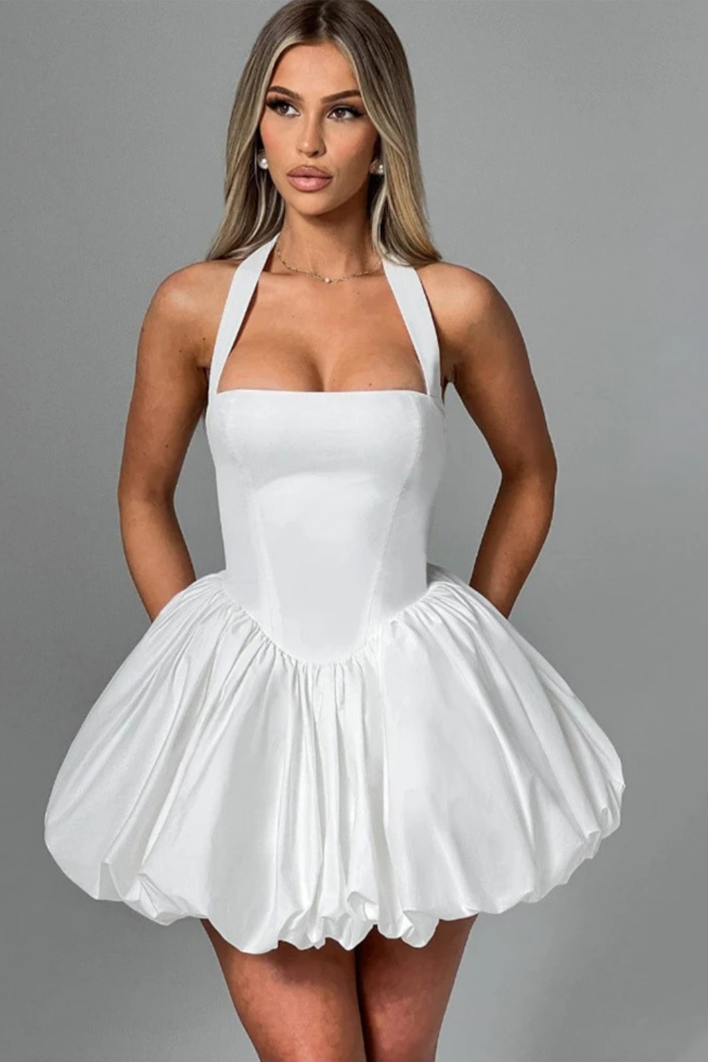 White Bubble Hem Mini Dress