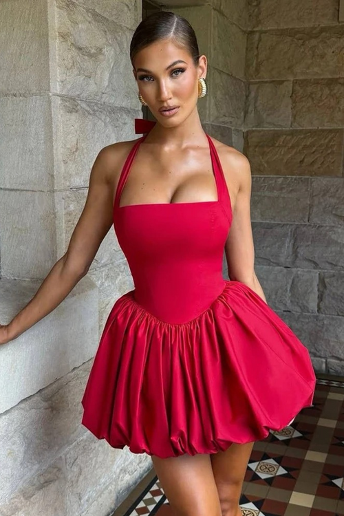 Red Bubble Hem Mini Dress