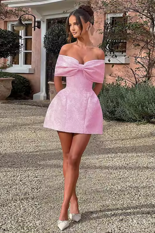 Pink Bow Off-Shoulder Mini Dress