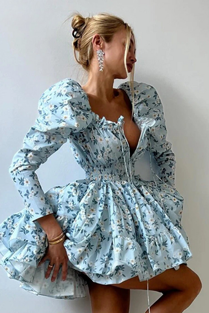 Celeste Bloom Puff-Sleeve Mini Dress