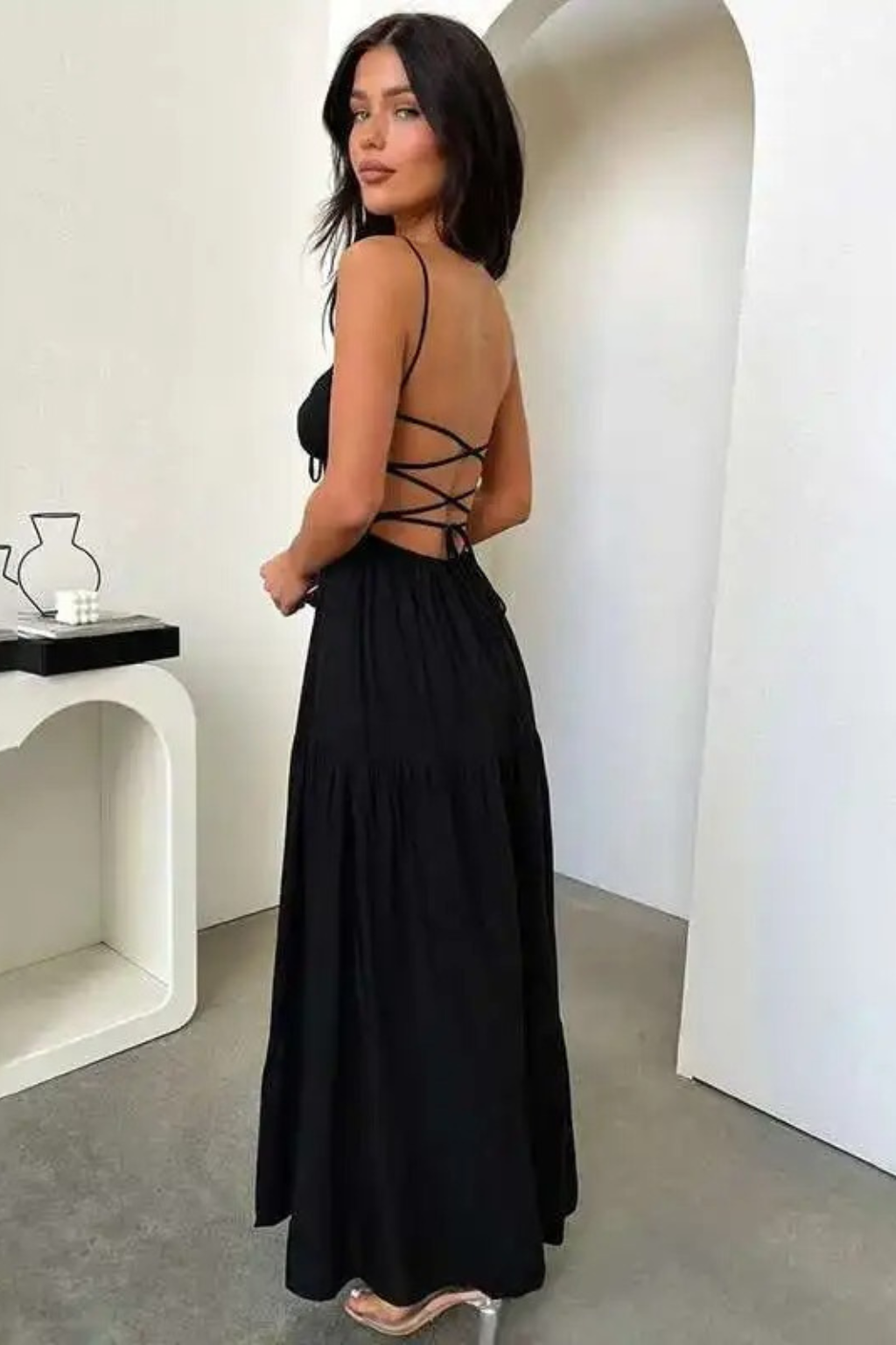 black dress with criss cross back Serene Criss-Cross Back Maxi Dress Black – Pretty Little Minx