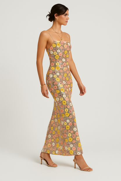 Golden Hour Floral Sequin Maxi Dress