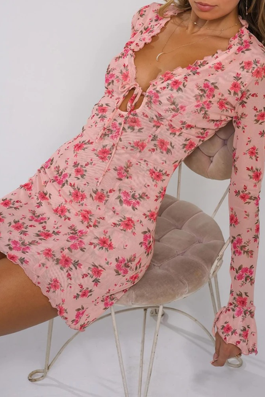 Rosé Bloom Lace-Up Mini Dress
