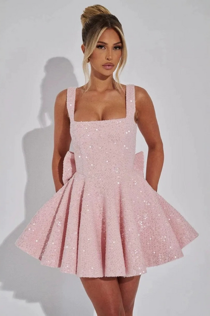 Pink Bow Sequin Mini Dress