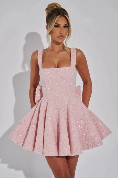 Pink Bow Sequin Mini Dress