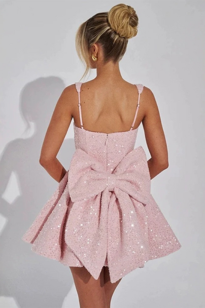 Pink Bow Sequin Mini Dress