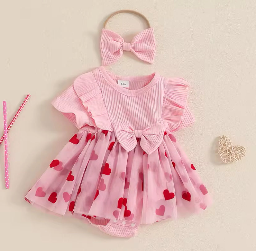 Ribbed Heart Romper Pink