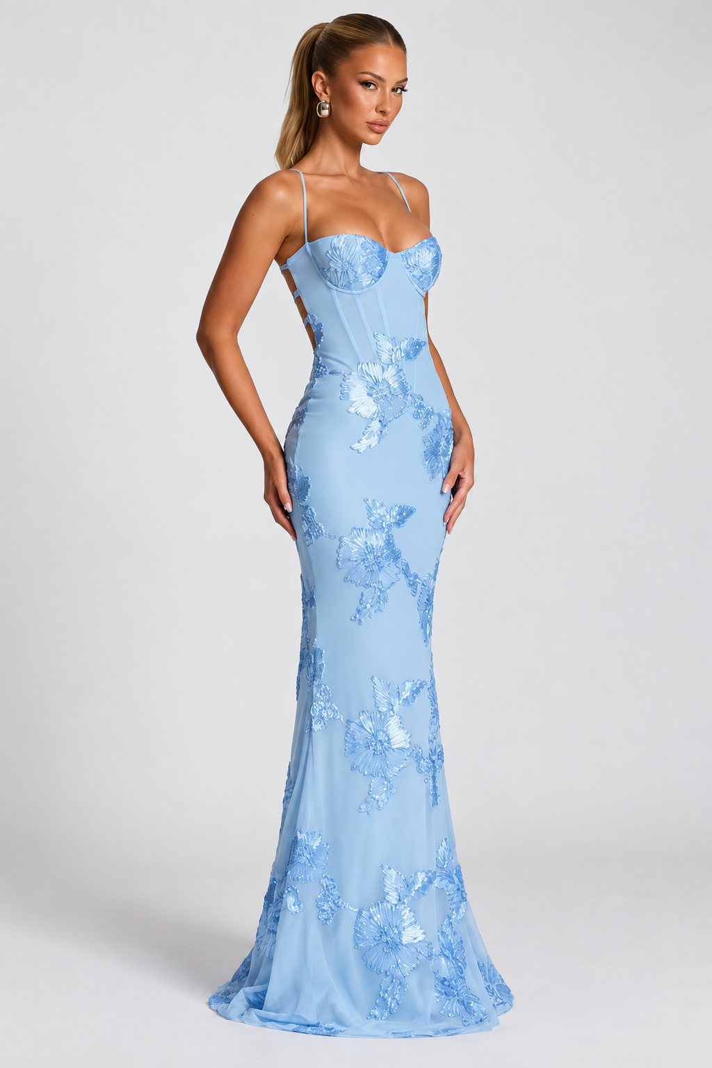 Celeste Floral Corset Maxi Dress — Blue