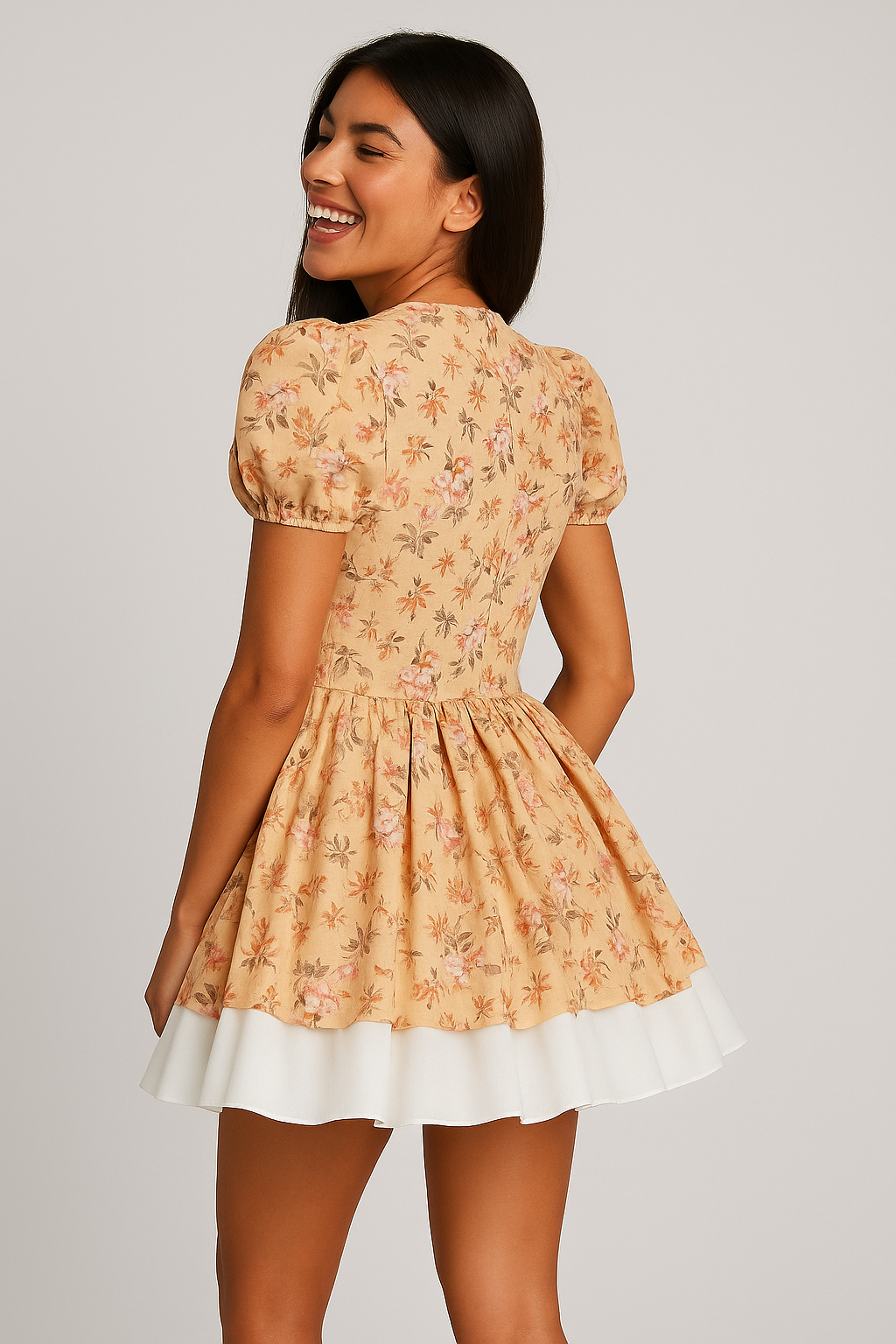 Yellow Floral Vintage Puff-Sleeve Mini Dress