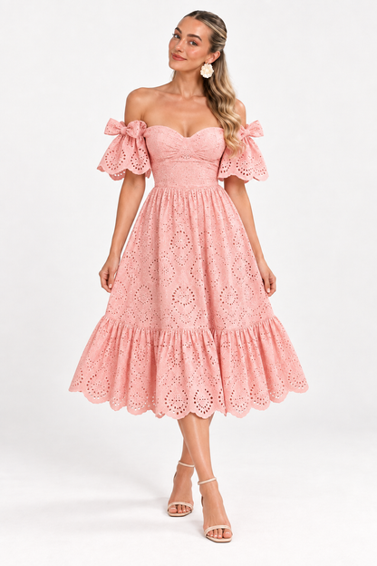 Florence Broderie Tie-Sleeve Midi Dress – Blush Pink