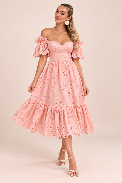 Florence Broderie Tie-Sleeve Midi Dress – Blush Pink