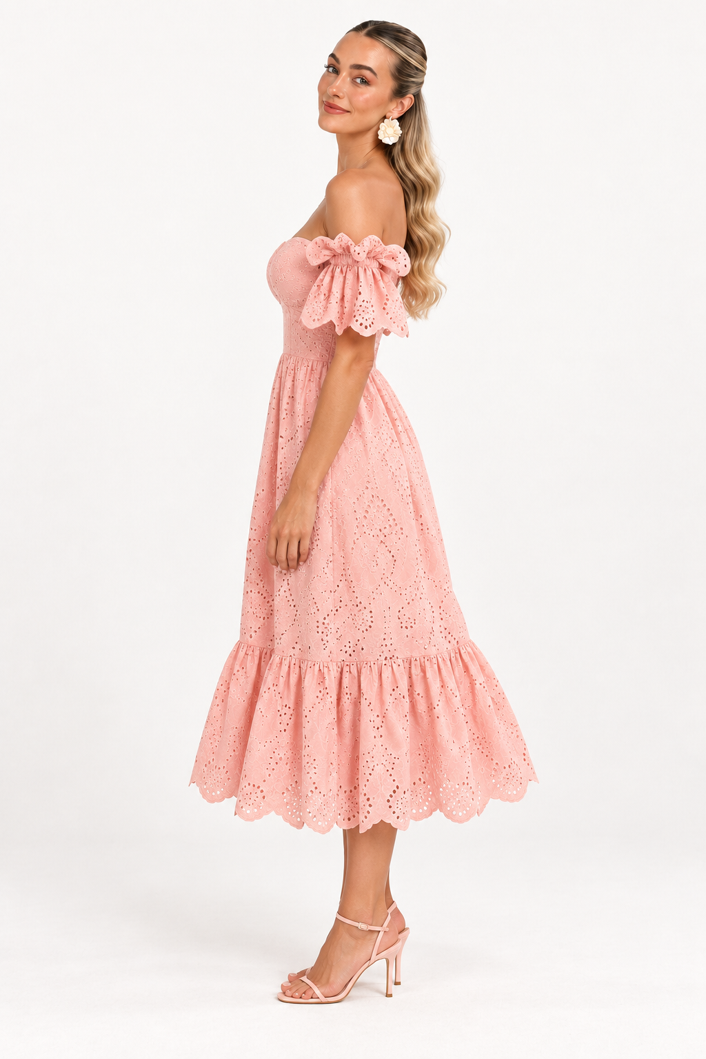 Florence Broderie Tie-Sleeve Midi Dress – Blush Pink