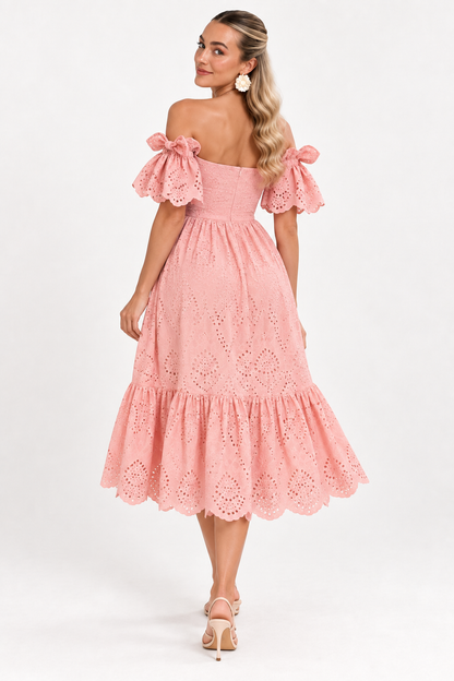 Florence Broderie Tie-Sleeve Midi Dress – Blush Pink