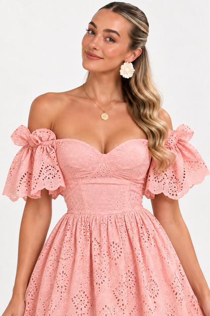 Florence Broderie Tie-Sleeve Midi Dress – Blush Pink