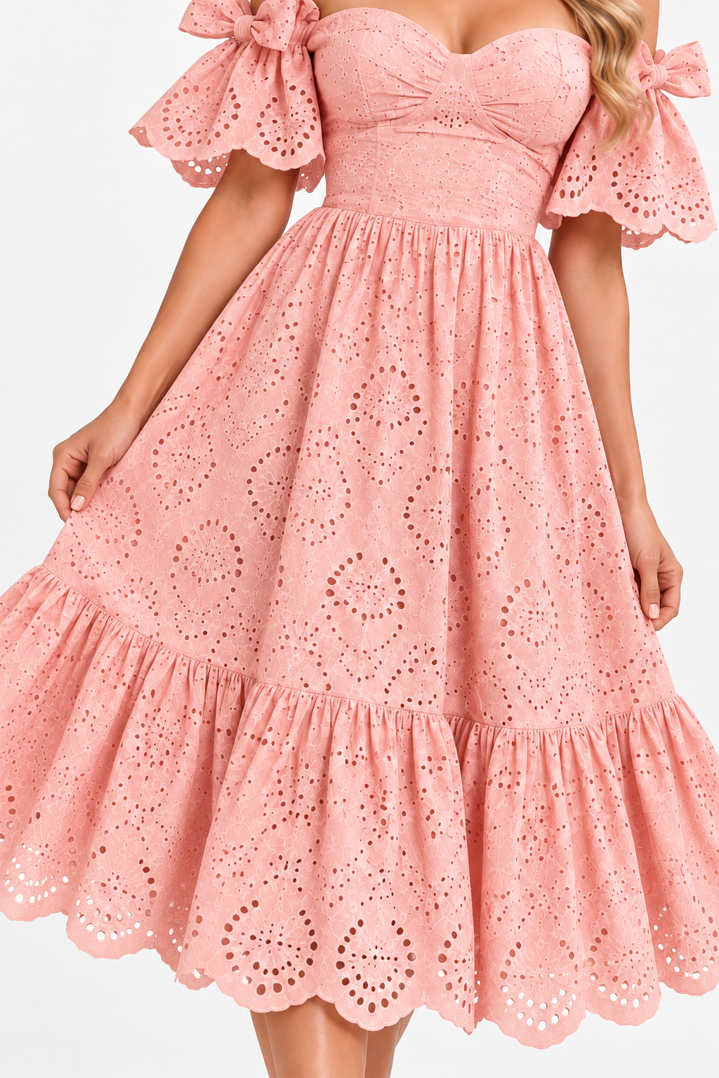 Florence Broderie Tie-Sleeve Midi Dress – Blush Pink
