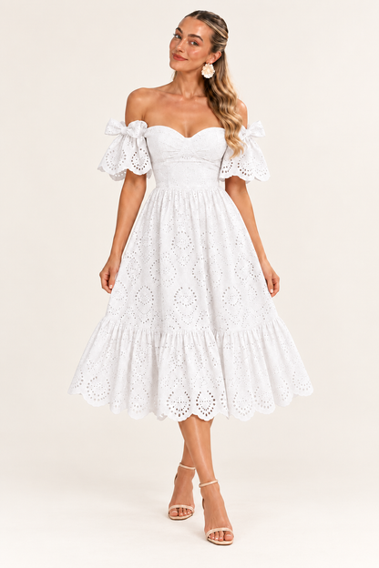 Florence Broderie Tie-Sleeve Midi Dress – Blush Pink