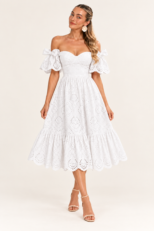 Florence Broderie Tie-Sleeve Midi Dress – White