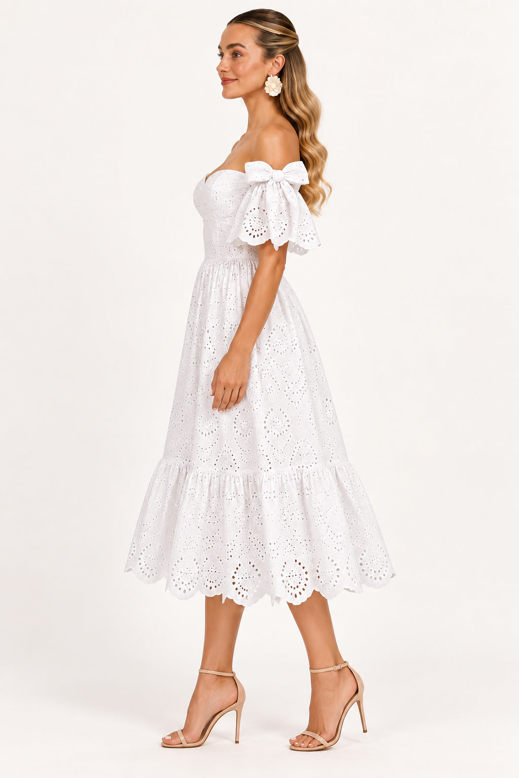 Florence Broderie Tie-Sleeve Midi Dress – Blush Pink