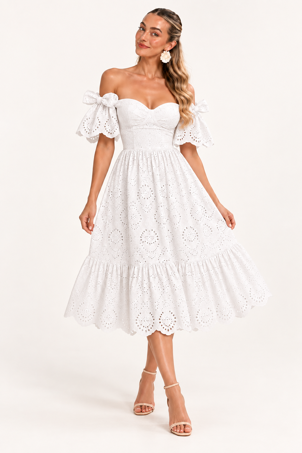 Florence Broderie Tie-Sleeve Midi Dress – Blush Pink
