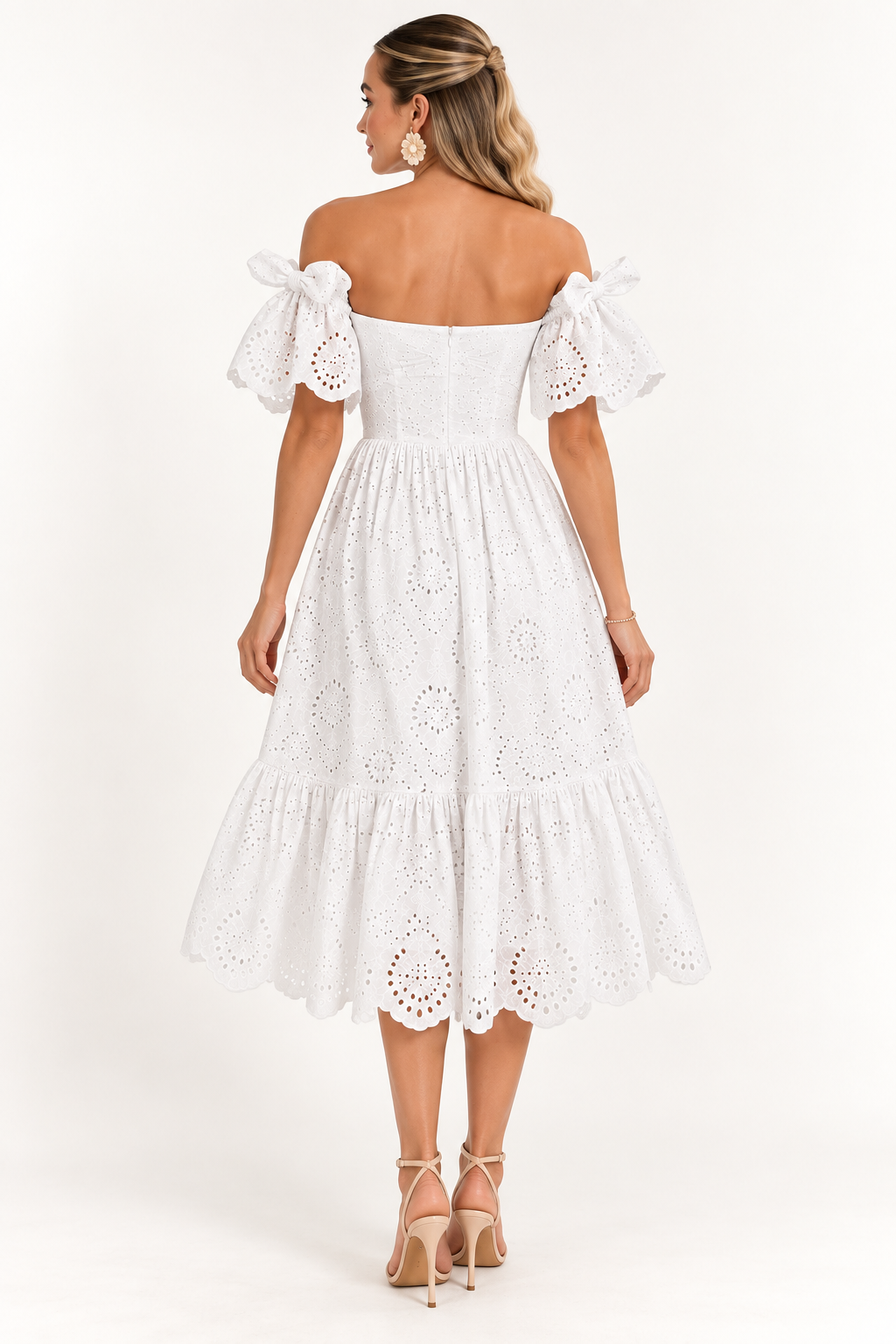 Florence Broderie Tie-Sleeve Midi Dress – Blush Pink