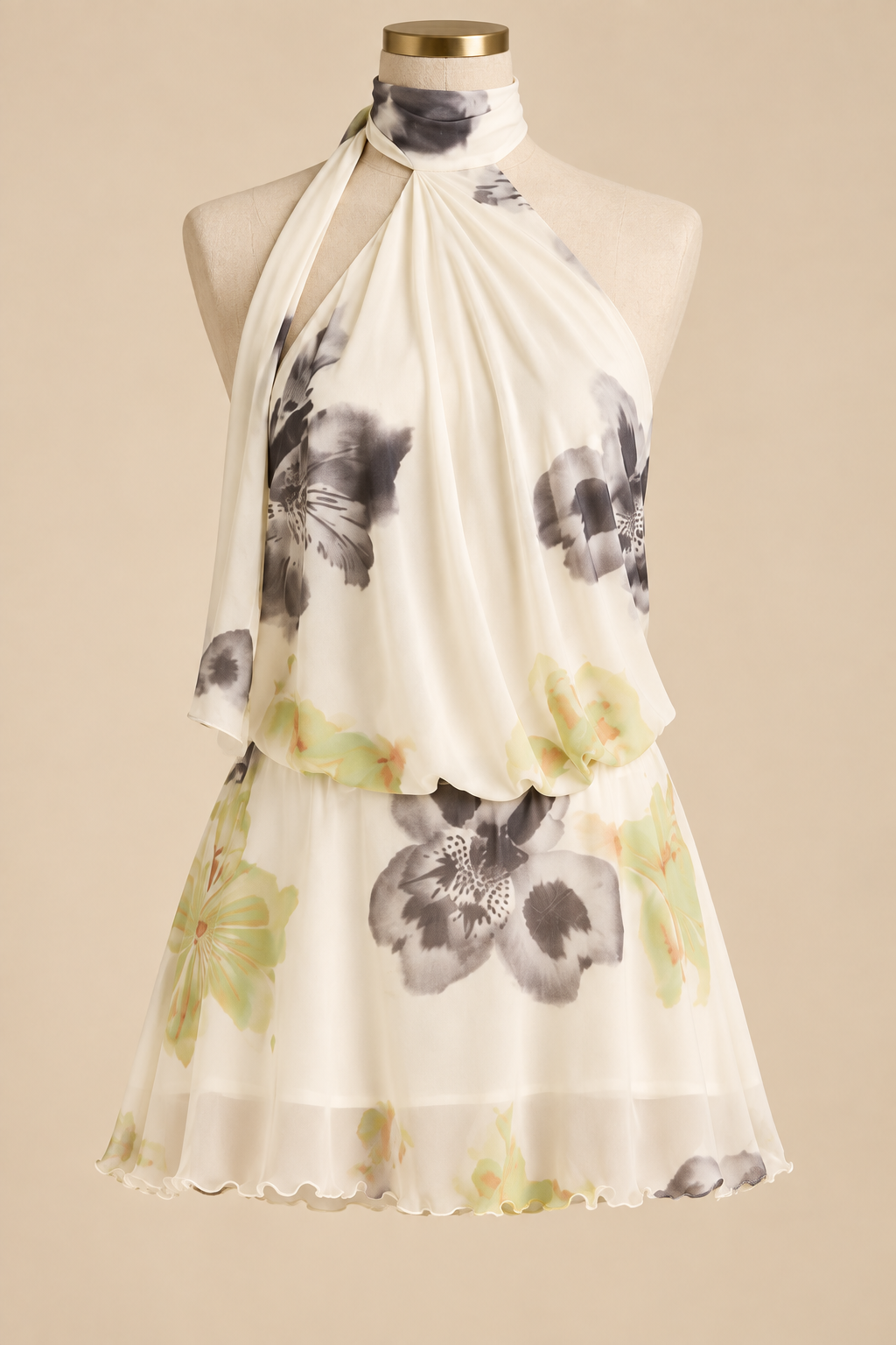 Elara Floral Halter Mini Dress – Sunset Orange