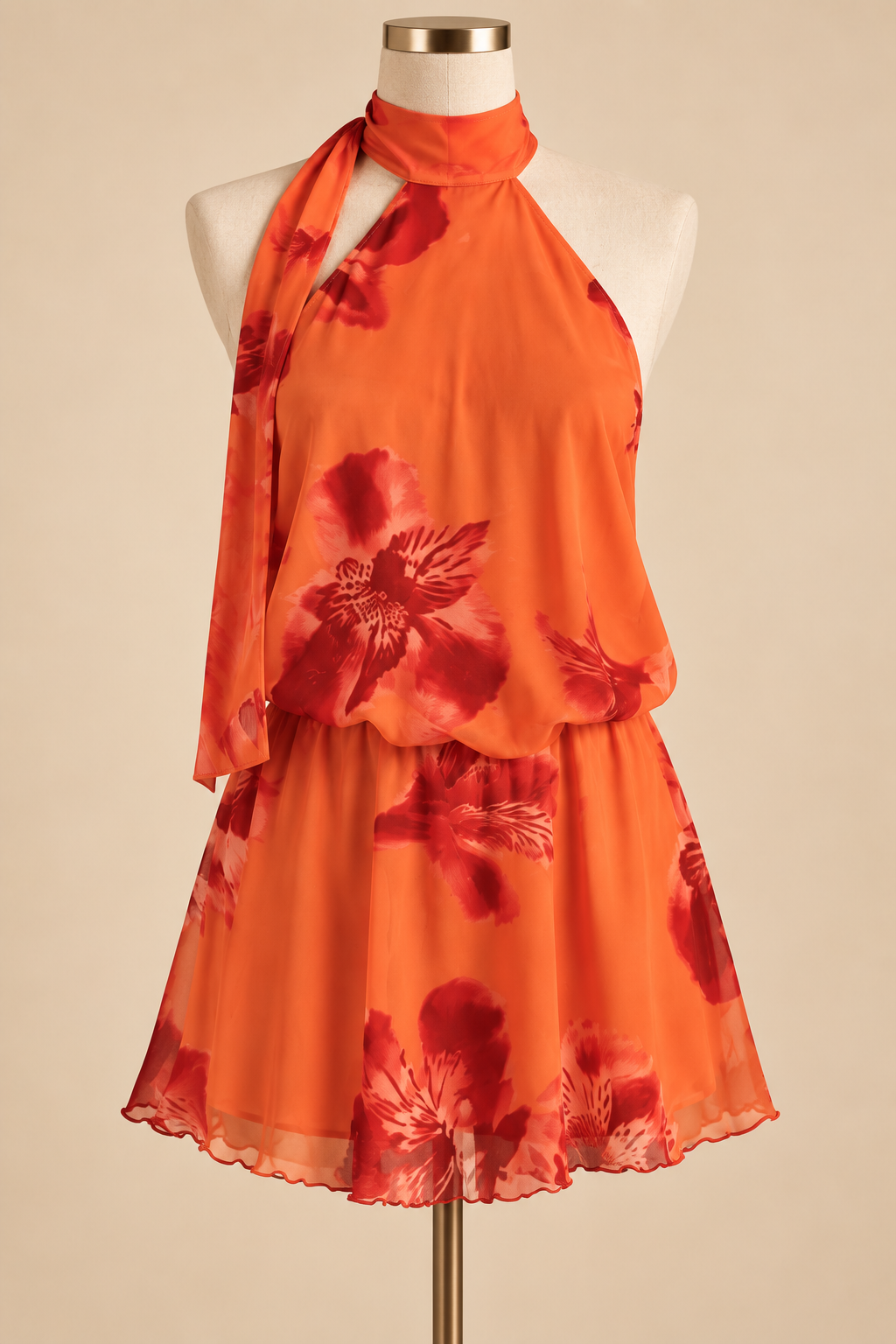 Elara Floral Halter Mini Dress – Sunset Orange