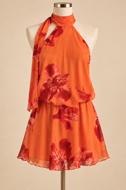 Elara Floral Halter Mini Dress – Sunset Orange