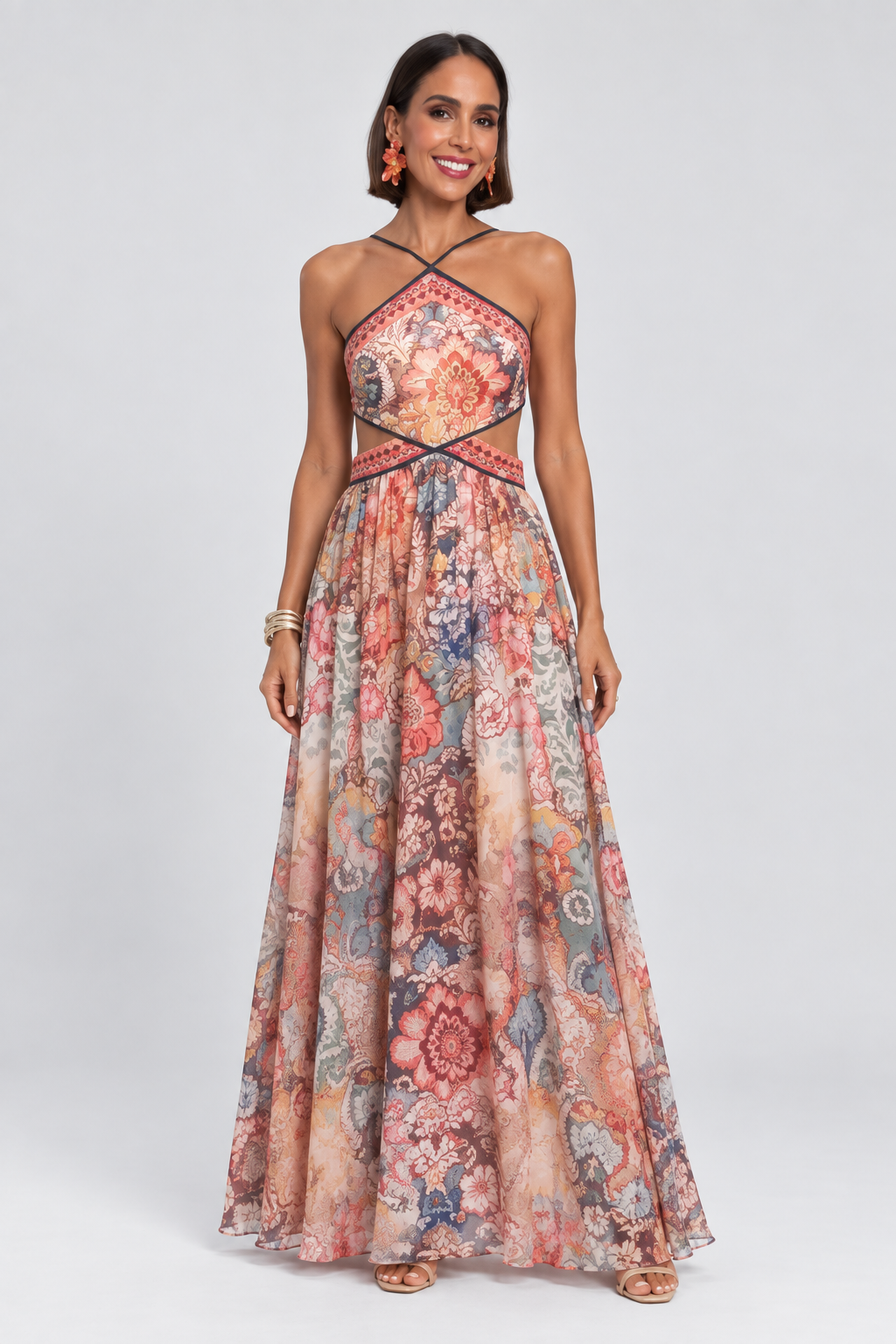 Zahara Mosaic Cut-Out Halter Maxi Dress