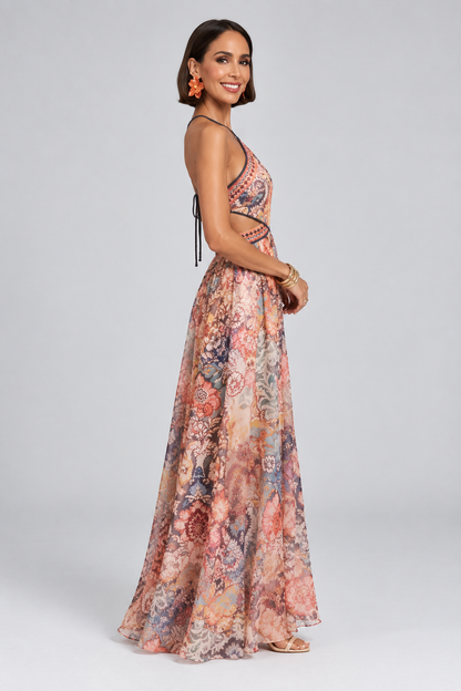 Zahara Mosaic Cut-Out Halter Maxi Dress