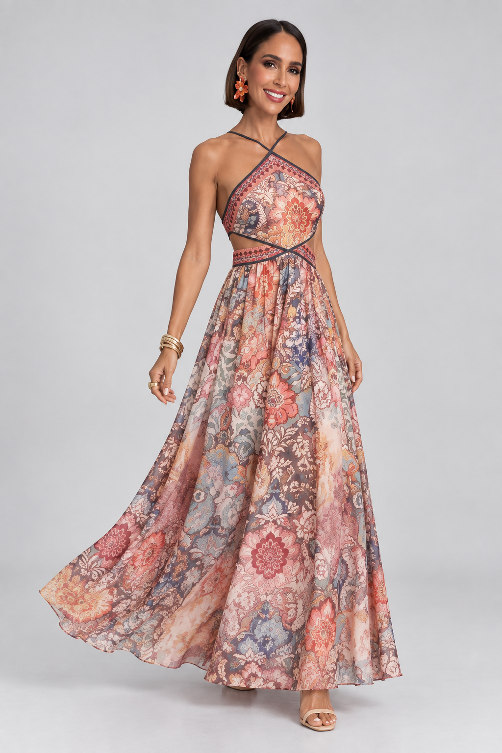 Zahara Mosaic Cut-Out Halter Maxi Dress
