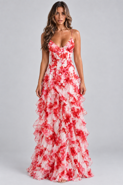 Saskia Floral Ruffle Maxi Dress Blue