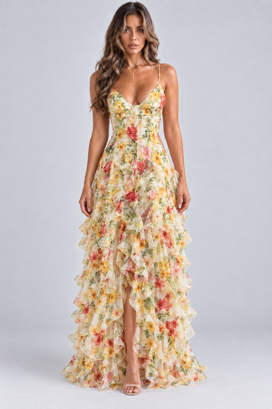 Saskia Floral Ruffle Maxi Dress Yellow
