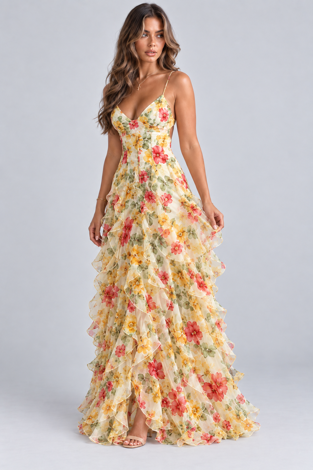 Saskia Floral Ruffle Maxi Dress Blue