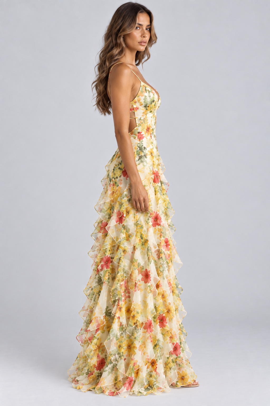 Saskia Floral Ruffle Maxi Dress Blue