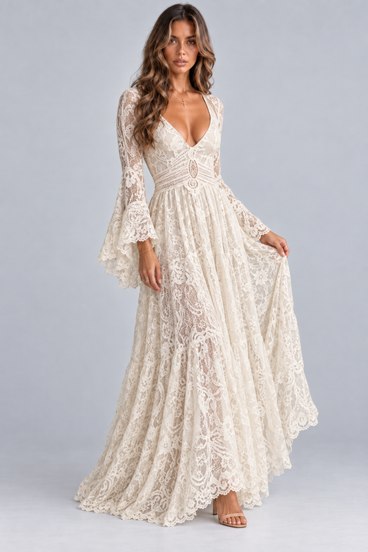 White Lace Long Sleeve Maxi Dress