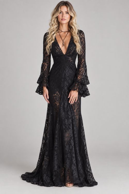 Black Lace Long Sleeve Maxi Dress