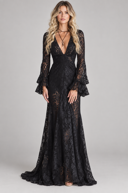 Black Lace Long Sleeve Maxi Dress