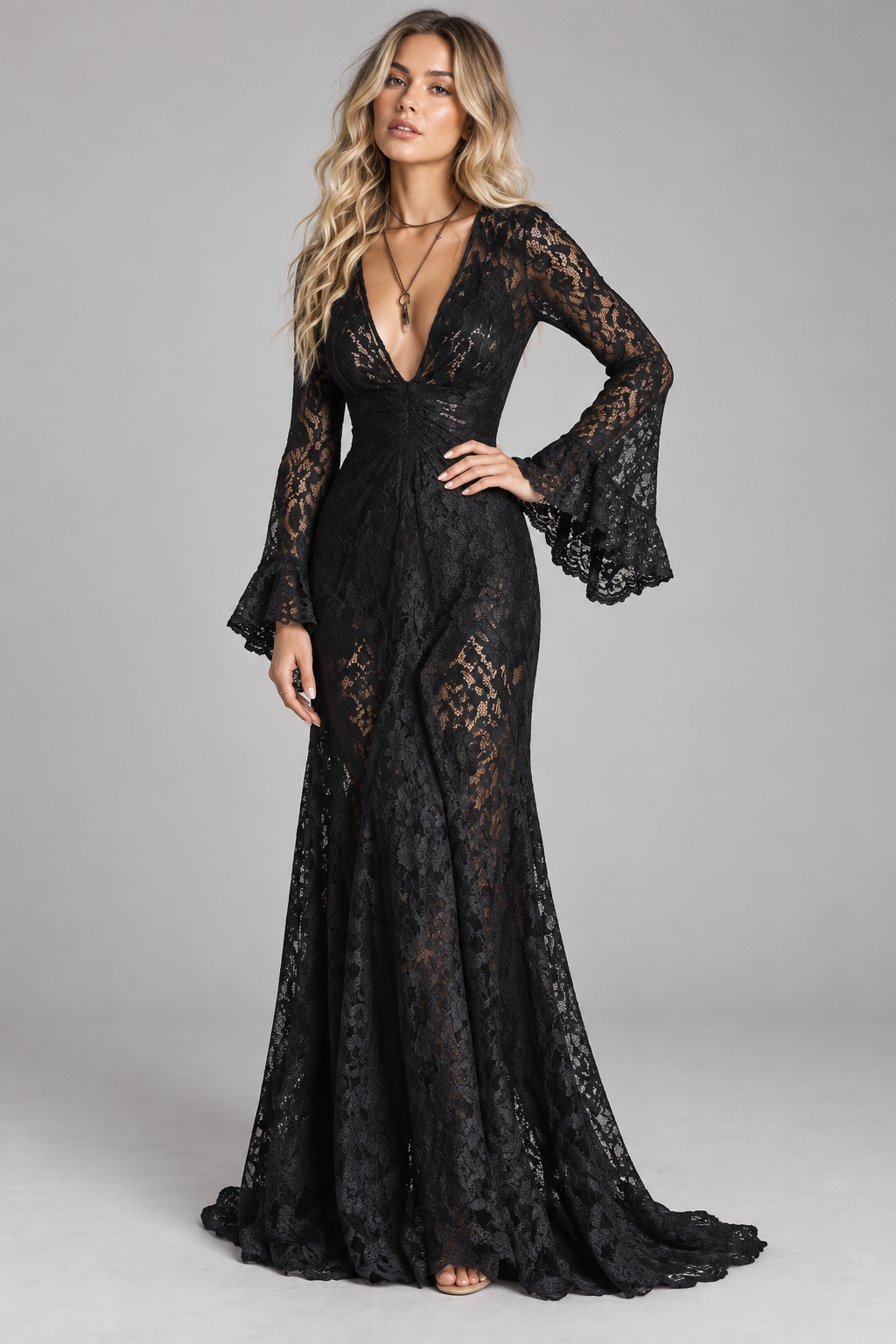 Black Lace Long Sleeve Maxi Dress