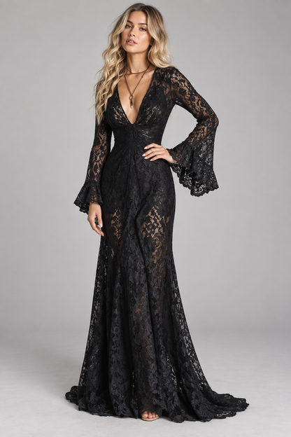 Black Lace Long Sleeve Maxi Dress
