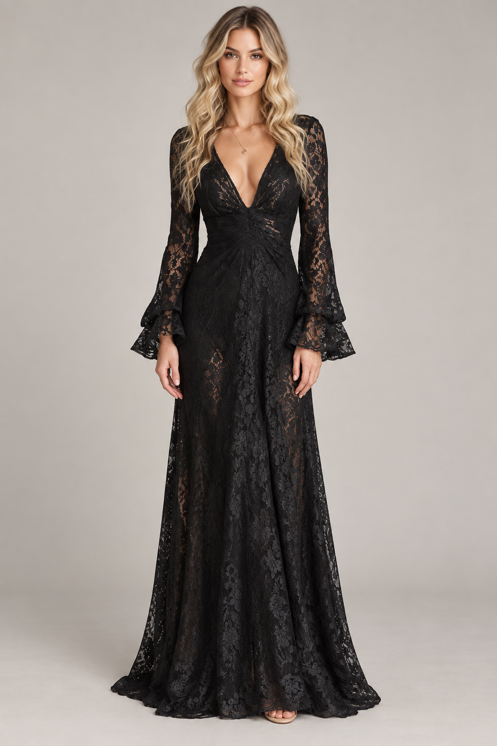 Black Lace Long Sleeve Maxi Dress