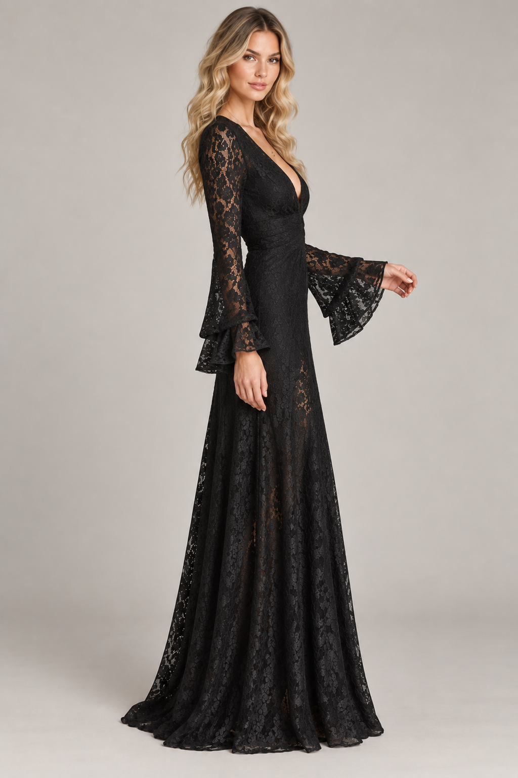Black Lace Long Sleeve Maxi Dress