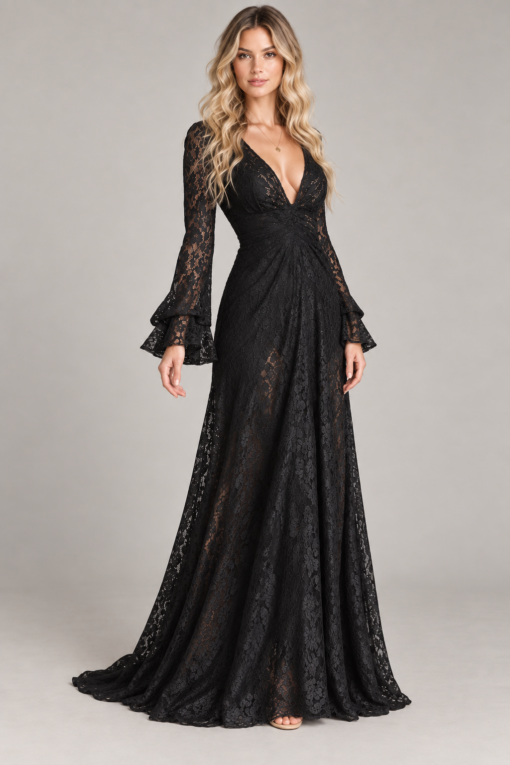 Black Lace Long Sleeve Maxi Dress