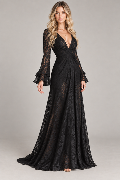 Black Lace Long Sleeve Maxi Dress