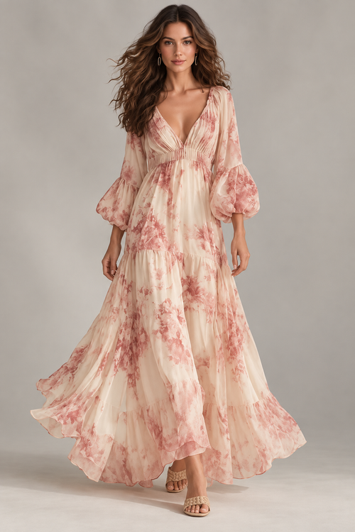 Valentina Pink Floral Long Sleeve Boho Maxi Dress