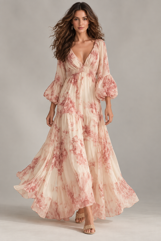 Valentina Pink Floral Long Sleeve Boho Maxi Dress