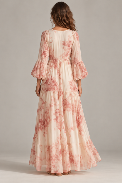 Valentina Pink Floral Long Sleeve Boho Maxi Dress